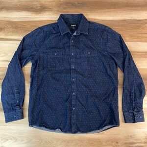 EXPRESS Chambray Denim Shirt Mens Large Blue Polka Dot Long Sleeve Button Up